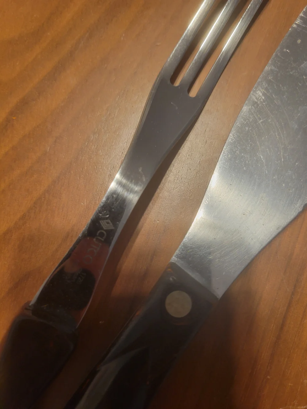 Cutco Stainless Steel Spreader and Fork Set with Dark Brown Handles